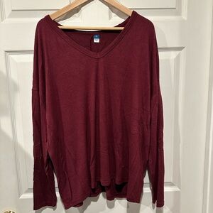 Burgundy V-Neck Long Sleeve Top